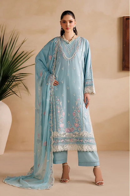Sky Blue Embroidered Luxury Lawn Suit with Chiffon Dupatta