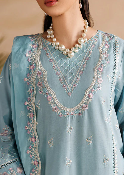 Sky Blue Embroidered Luxury Lawn Suit with Chiffon Dupatta