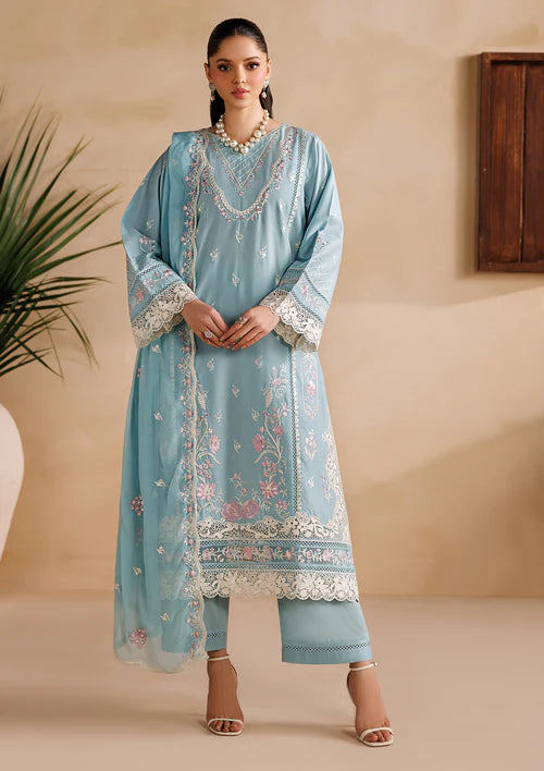 Sky Blue Embroidered Luxury Lawn Suit with Chiffon Dupatta