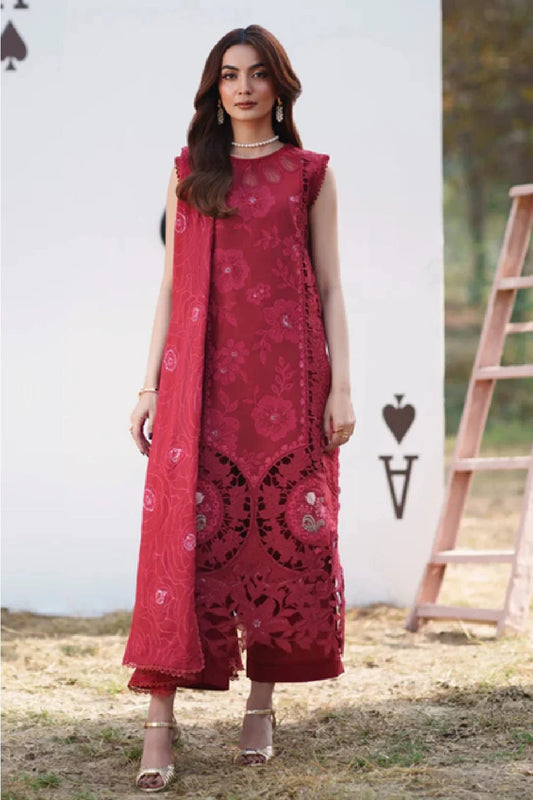 Red Heavy Embroidered Luxury Lawn Suit with Laser Cutwork
