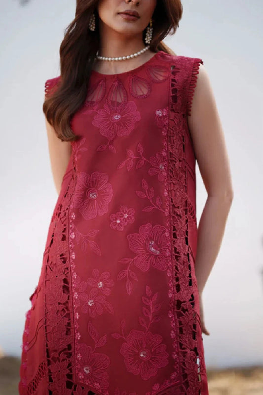 Red Heavy Embroidered Luxury Lawn Suit with Laser Cutwork