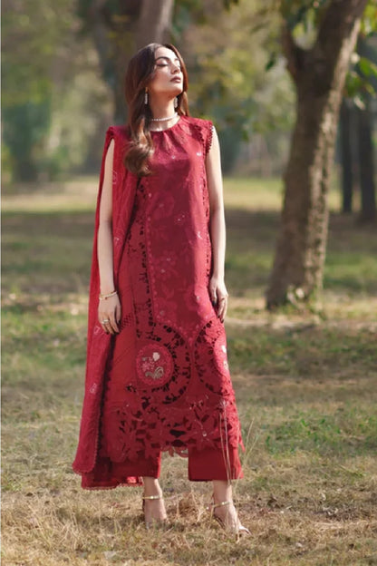 Red Heavy Embroidered Luxury Lawn Suit with Laser Cutwork