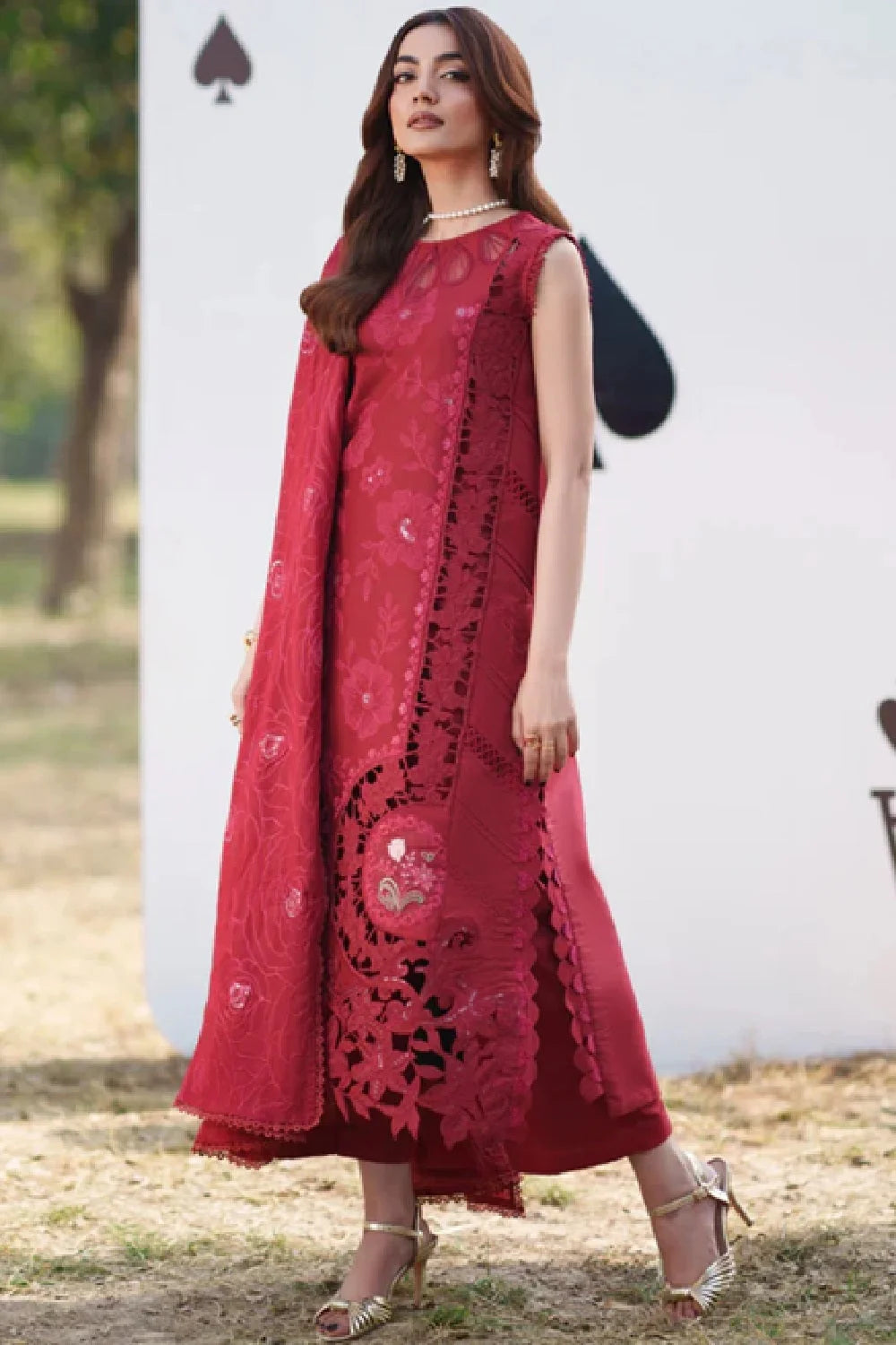 Red Heavy Embroidered Luxury Lawn Suit with Laser Cutwork