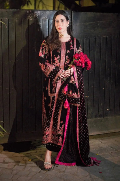 Black Multicolor Embroidered Pure Velvet Suit