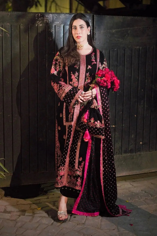 Black Multicolor Embroidered Pure Velvet Suit