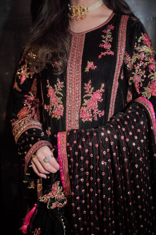 Black Multicolor Embroidered Pure Velvet Suit