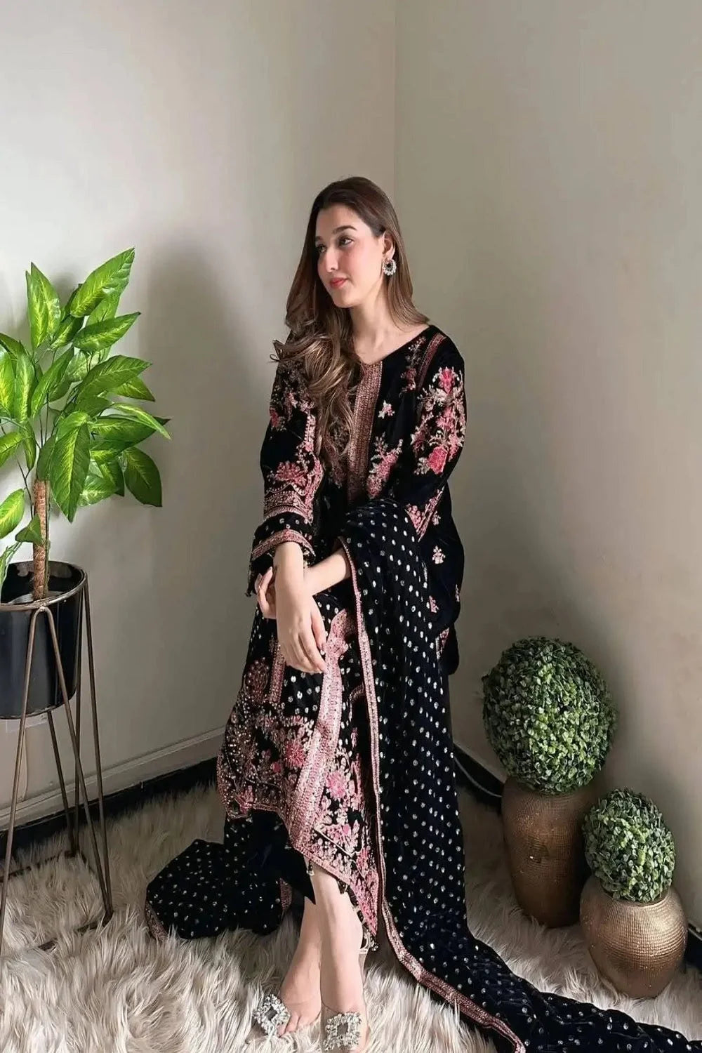 Black Multicolor Embroidered Pure Velvet Suit