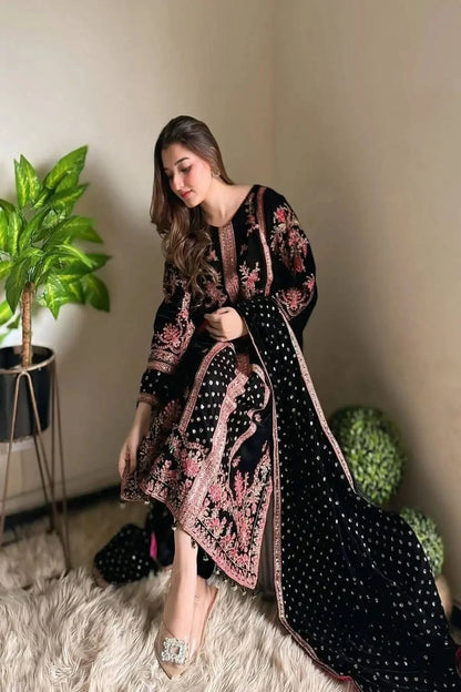 Black Multicolor Embroidered Pure Velvet Suit