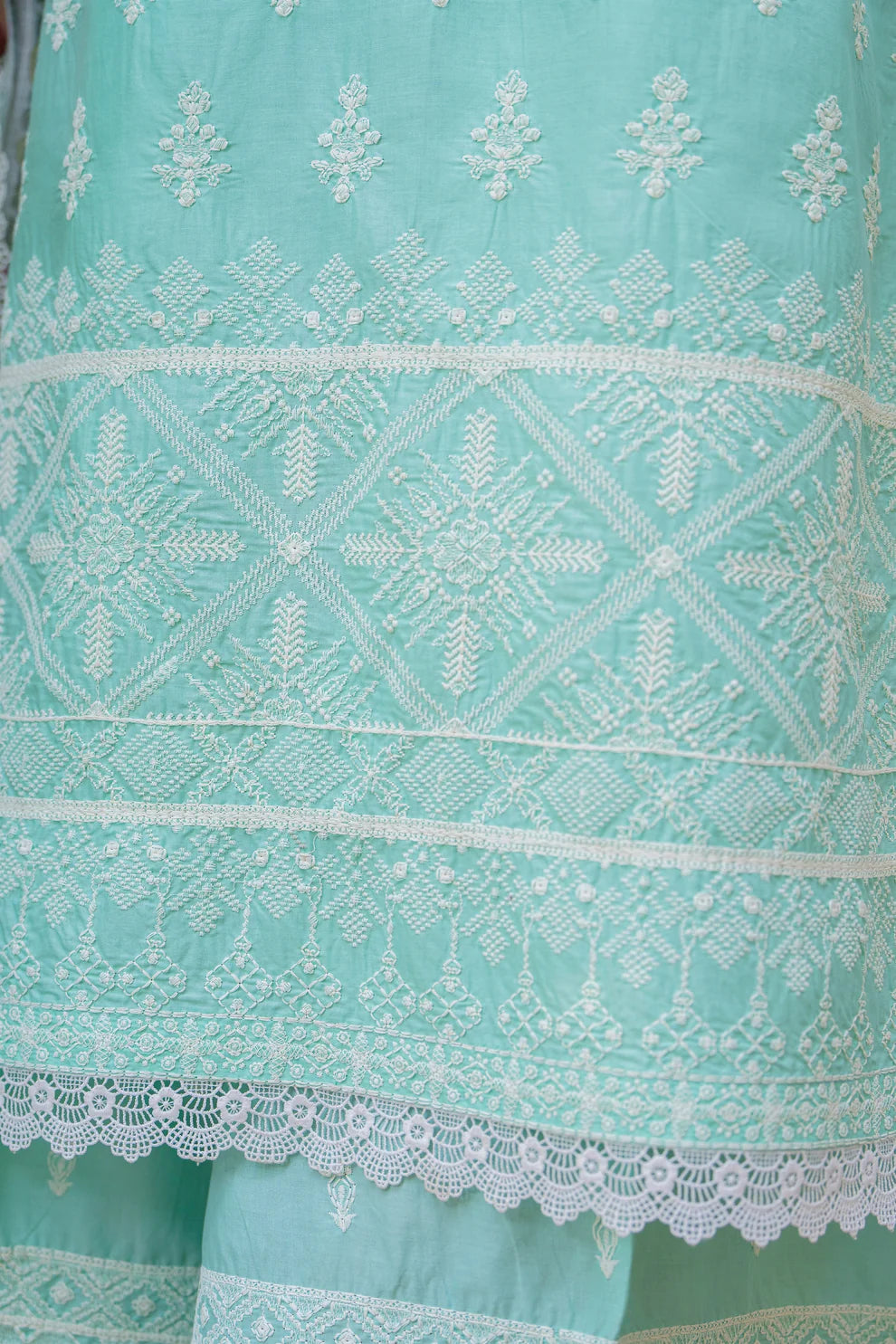Aqua Mint Heavy Embroidered Pure Cotton Suit with Matte Thread Work