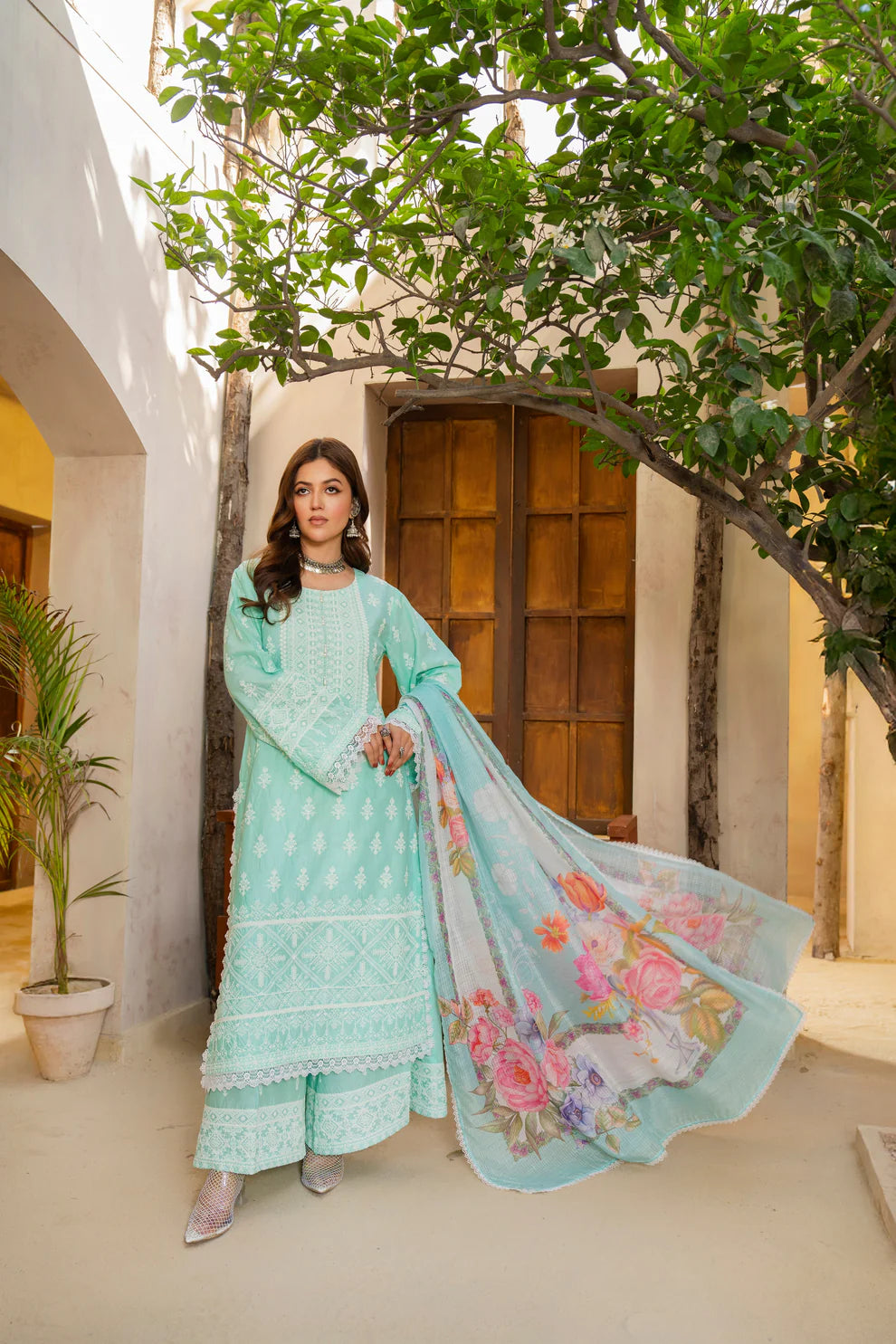 Aqua Mint Heavy Embroidered Pure Cotton Suit with Matte Thread Work