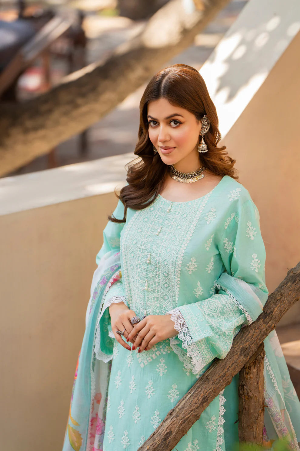 Aqua Mint Heavy Embroidered Pure Cotton Suit with Matte Thread Work