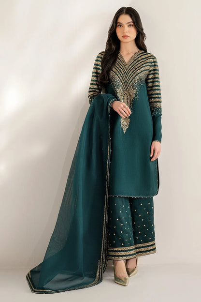 Bottle Green Sequins Embroidered Indian Raw Silk Suit