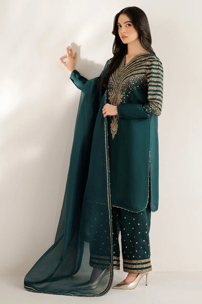 Bottle Green Sequins Embroidered Indian Raw Silk Suit