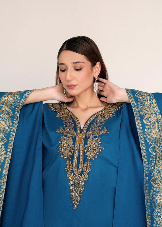 Steel Blue Embroidered Lawn Kaftan