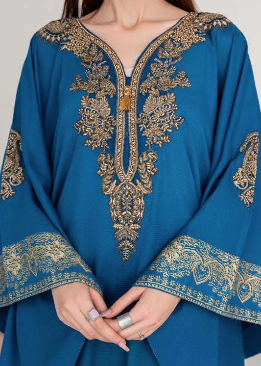 Steel Blue Embroidered Lawn Kaftan