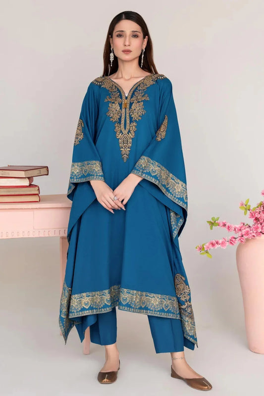 Steel Blue Embroidered Winter Kaftan