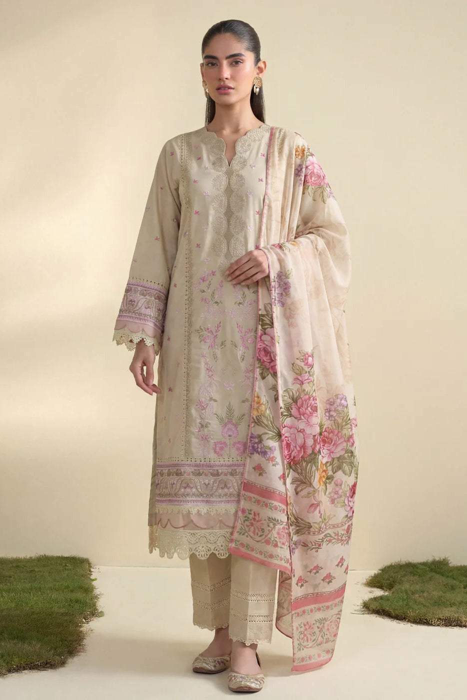 Beige Lawn Embroidered Suit