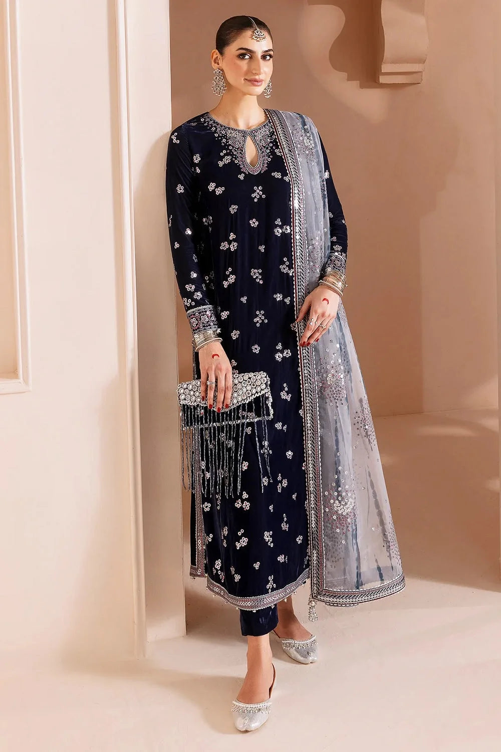 Navy Blue Pure Micro Velvet Sequins Embroidered Suit