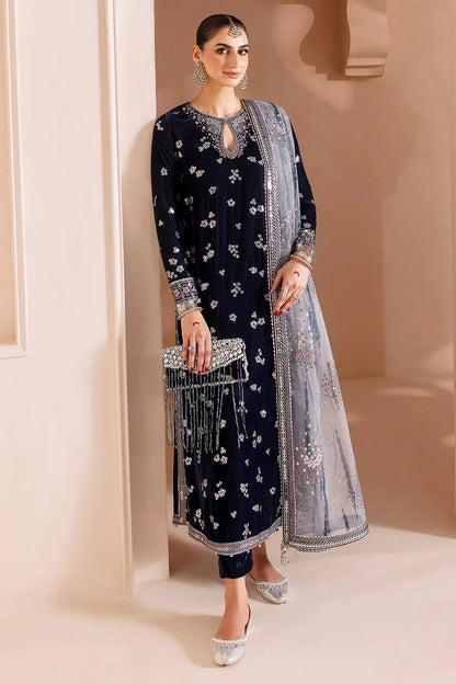 Navy Blue Pure Micro Velvet Sequins Embroidered Suit