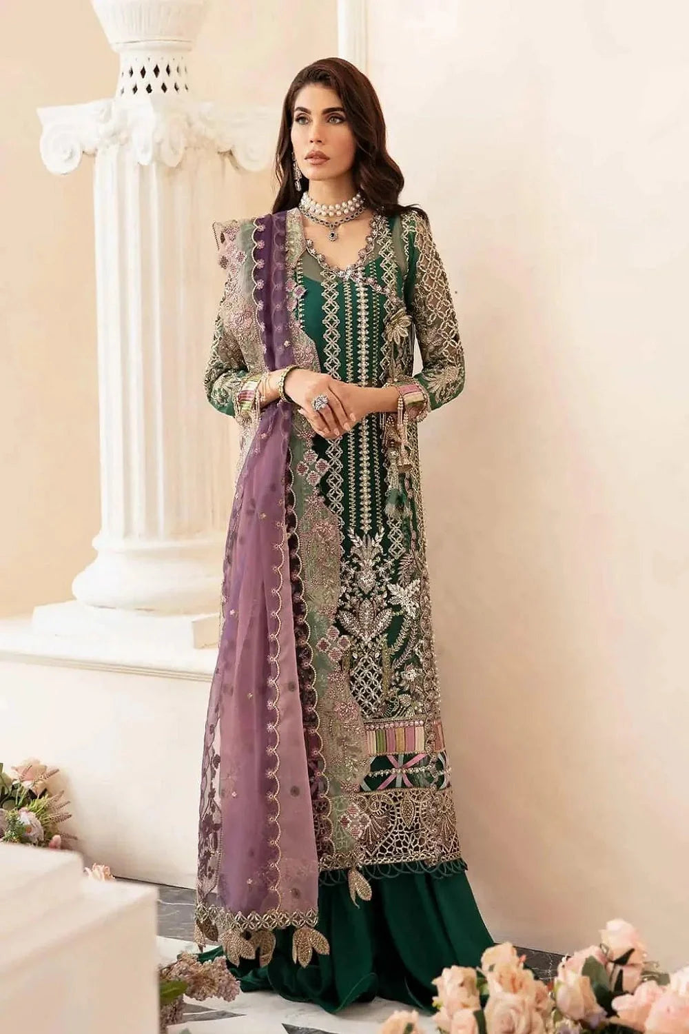 Bottle Green Handmade Pure Organza Suit