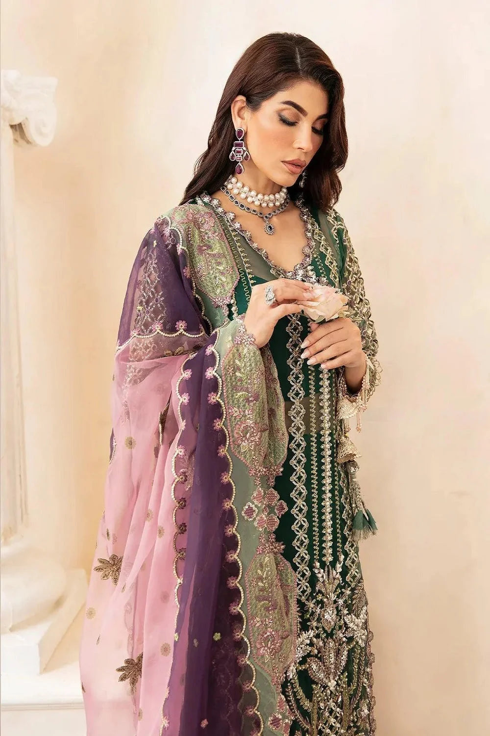 Bottle Green Handmade Pure Organza Suit
