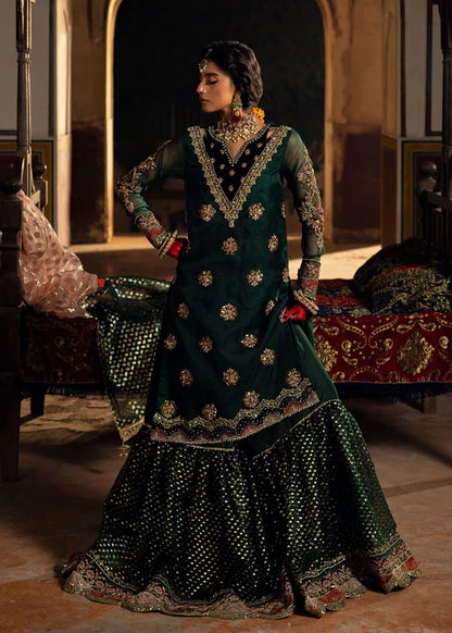 Emerald Green Embellished Organza Flared Gharara
