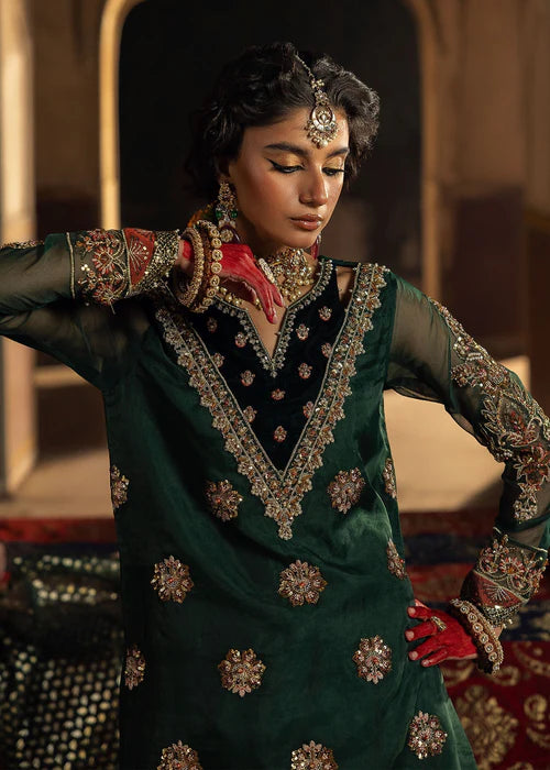 Emerald Green Embellished Organza Flared Gharara