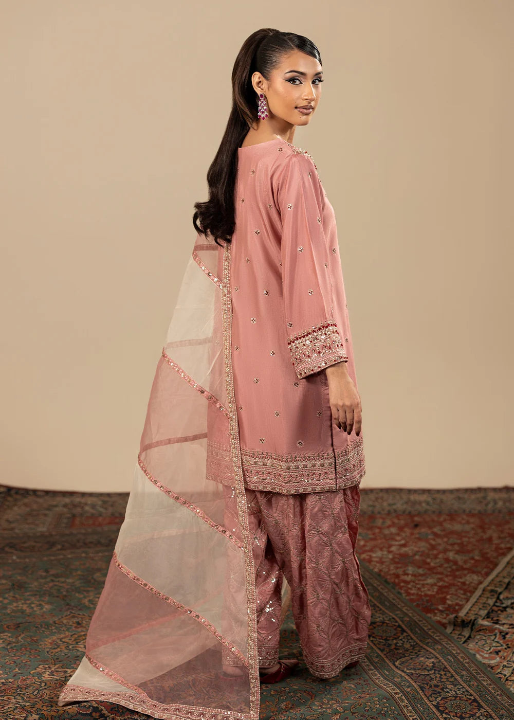 Tea Pink Raw Silk Farshi Shalwar Suit