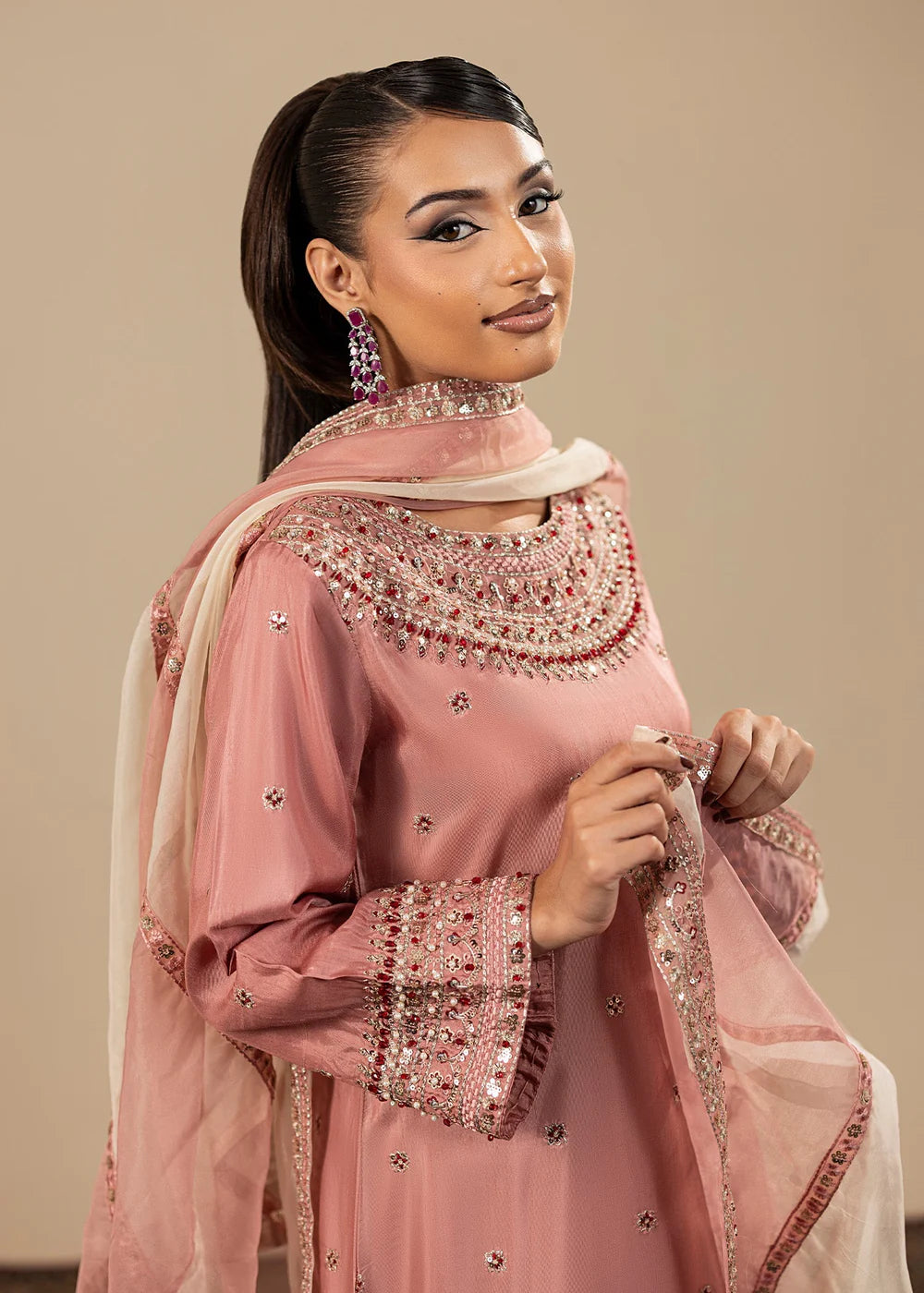 Tea Pink Raw Silk Farshi Shalwar Suit
