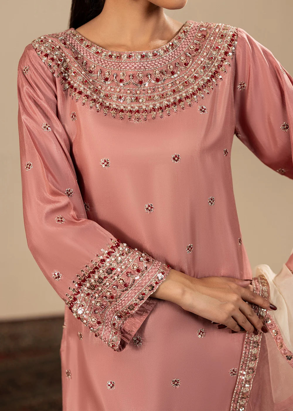 Tea Pink Raw Silk Farshi Shalwar Suit