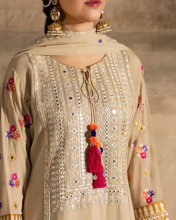 Beige & Mustard Farshi Shalwar Suit with Panni Work