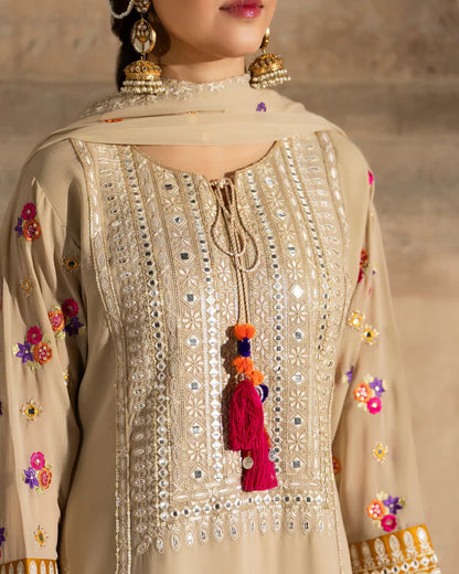 Beige & Mustard Farshi Shalwar Suit with Panni Work