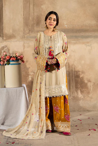 Beige & Mustard Farshi Shalwar Suit with Panni Work