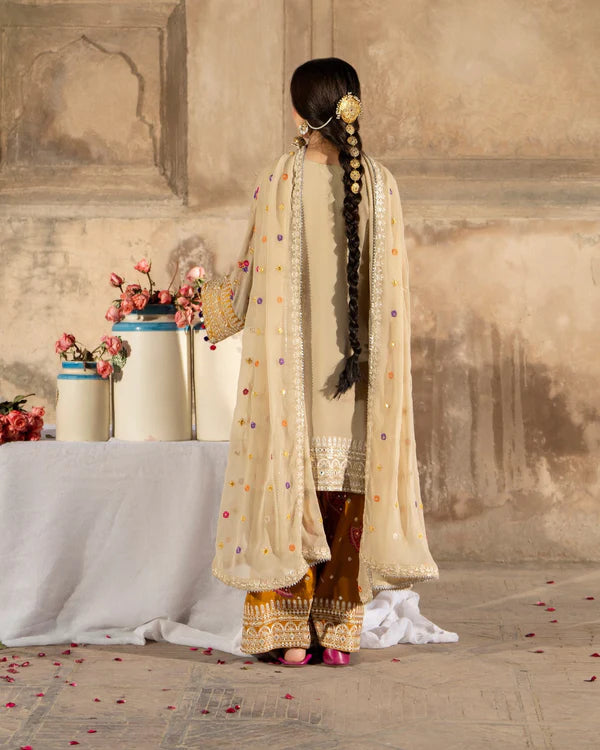 Beige & Mustard Farshi Shalwar Suit with Panni Work