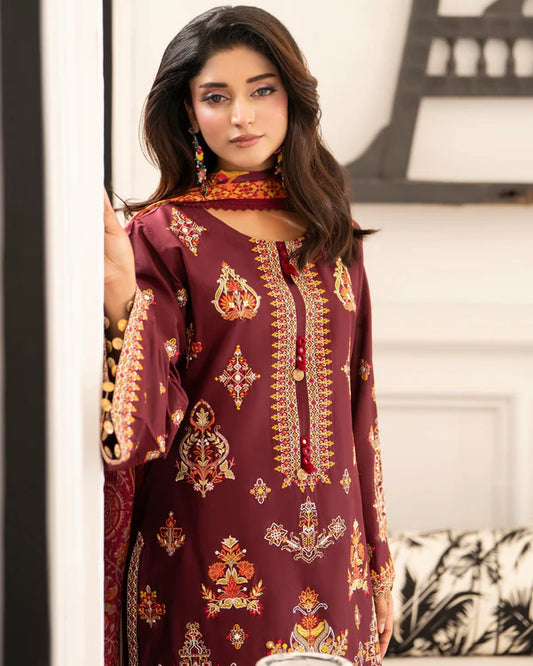 Burgundy Pure Cotton Farshi Shalwar Suit with Multi-Thread Work