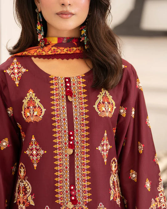 Burgundy Pure Cotton Farshi Shalwar Suit with Multi-Thread Work