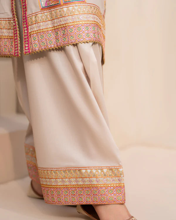 Oatmeal Pure Cotton Farshi Shalwar Suit with Tilla & Sequins Work