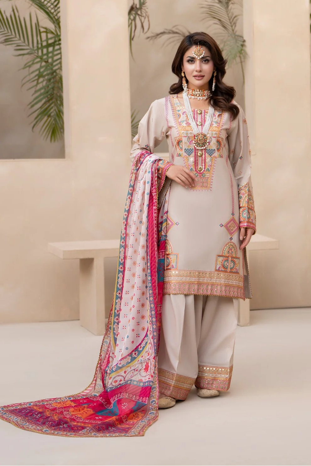 Oatmeal Pure Cotton Farshi Shalwar Suit with Tilla & Sequins Work