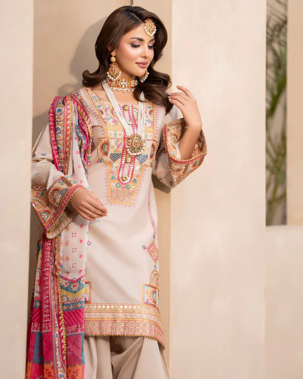 Oatmeal Pure Cotton Farshi Shalwar Suit with Tilla & Sequins Work