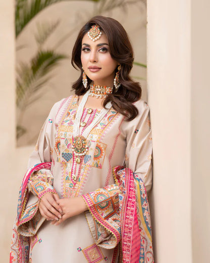 Oatmeal Pure Cotton Farshi Shalwar Suit with Tilla & Sequins Work