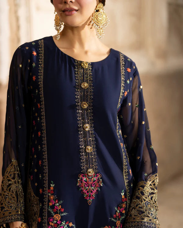 Navy Blue Georgette Farshi Shalwar Suit with Cutwork & 3D Work