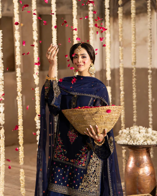 Navy Blue Georgette Farshi Shalwar Suit with Cutwork & 3D Work Size M