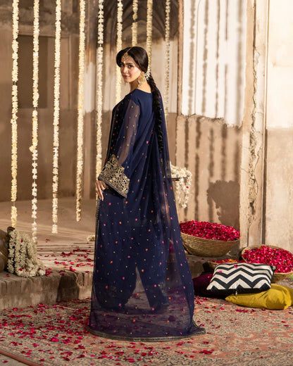 Navy Blue Georgette Farshi Shalwar Suit with Cutwork & 3D Work
