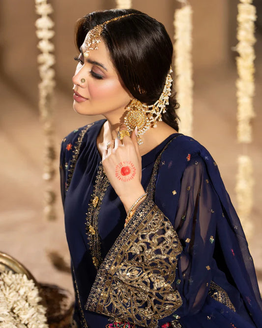 Navy Blue Georgette Farshi Shalwar Suit with Cutwork & 3D Work Size M
