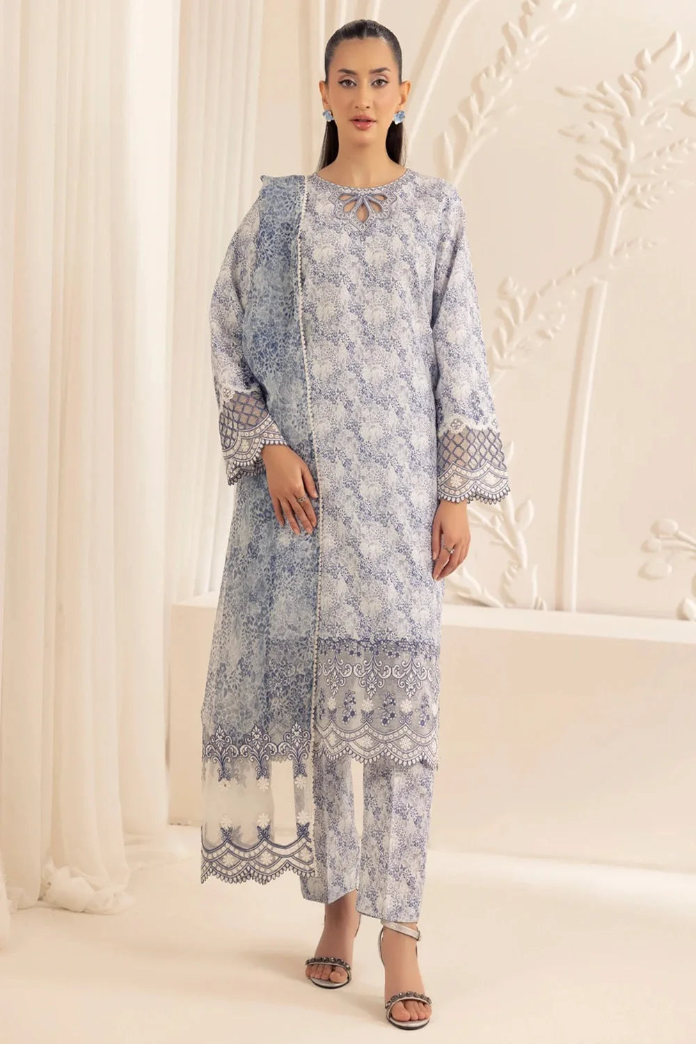 Floral Digital Printed Pure Lawn Suit with Embroidered Lace Details