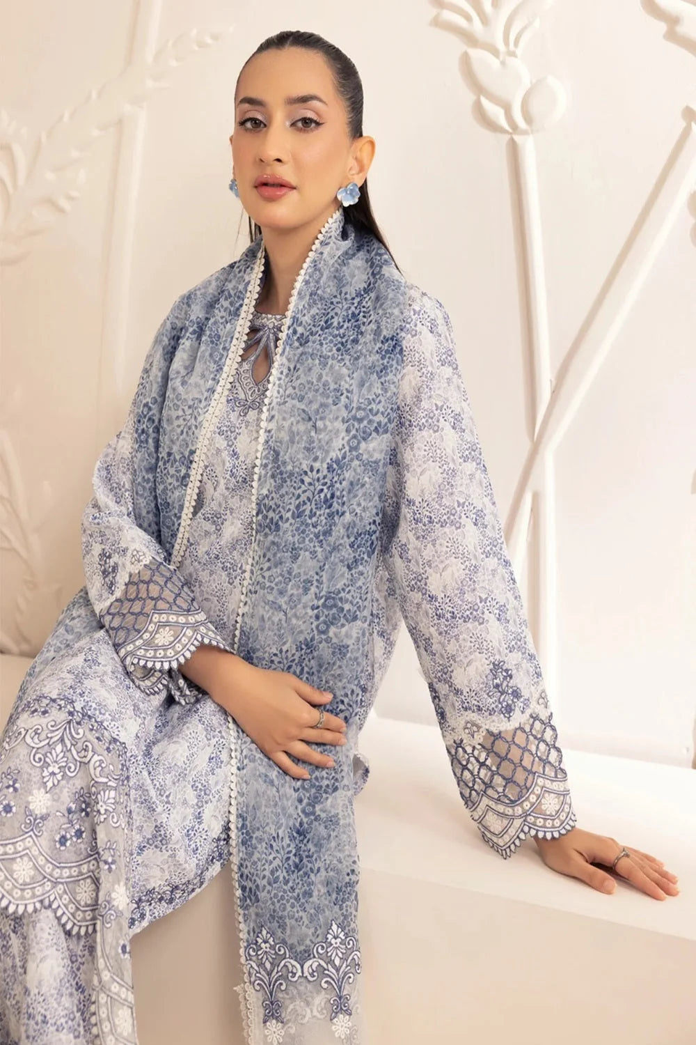 Floral Digital Printed Pure Lawn Suit with Embroidered Lace Details