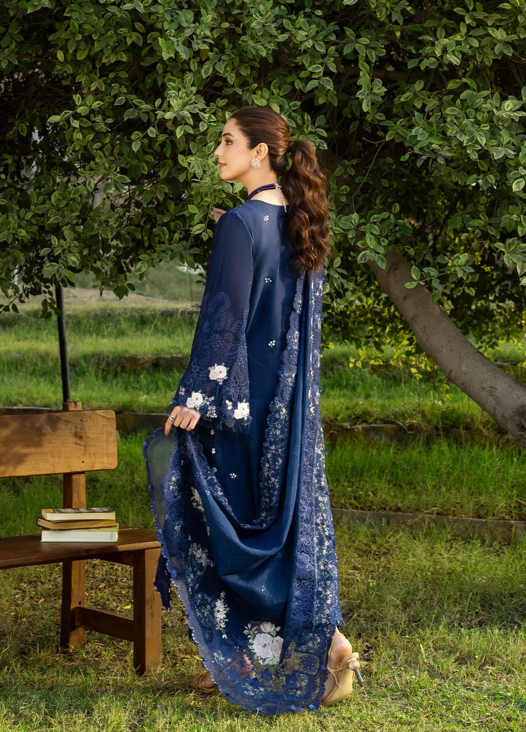 Navy Blue Chikankari Embroidered Luxury Lawn Suit with Laser Cutwork