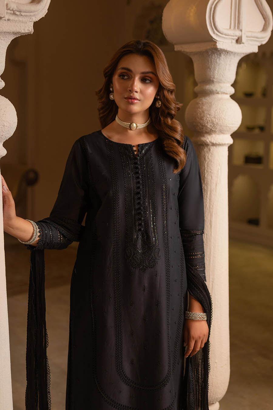 Black Readymade Pure Cotton Chikan Suit with Sequins Work