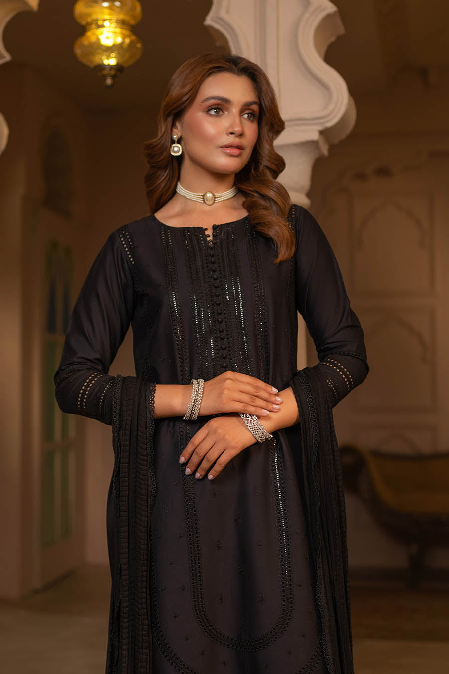 Black Readymade Pure Cotton Chikan Suit with Sequins Work