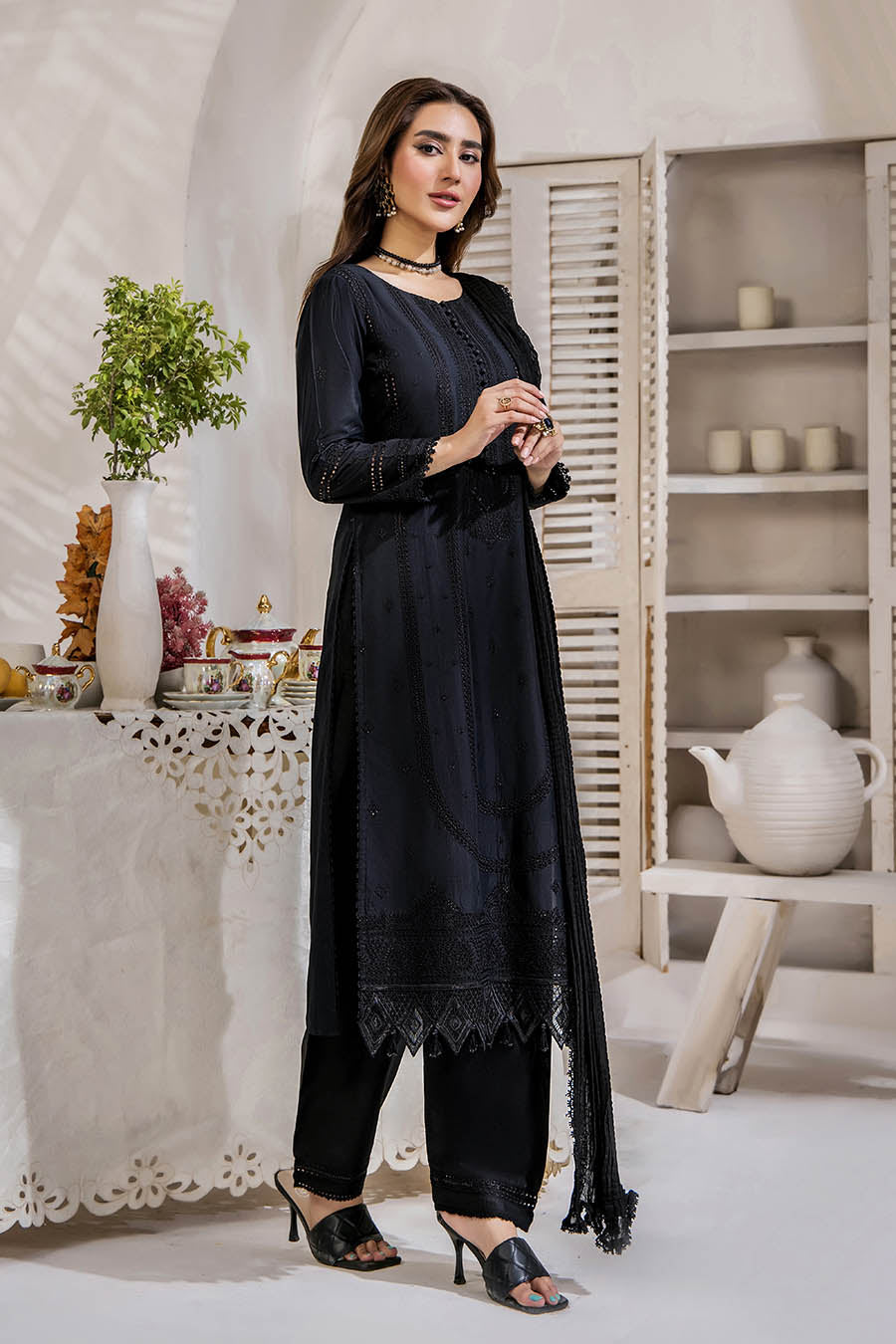 Black Readymade Pure Cotton Chikan Suit with Sequins Work